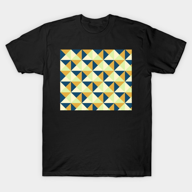 Navy Blue Lime Burnt Orange Cream Triangle Geometric Pattern T-Shirt by dreamingmind